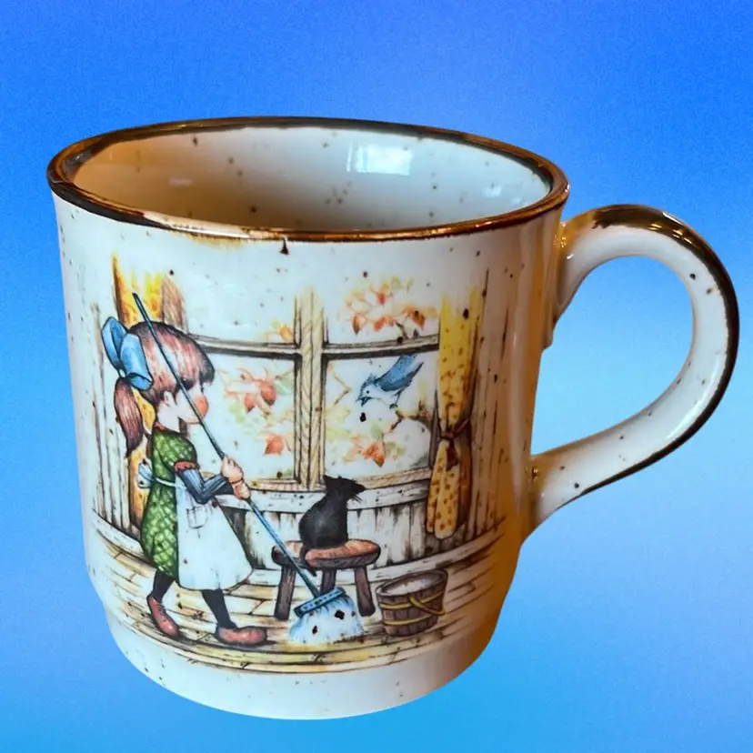 Vintage Stoneware Mug Sweet Girl & Cat 3.5” tall x 3” wide
