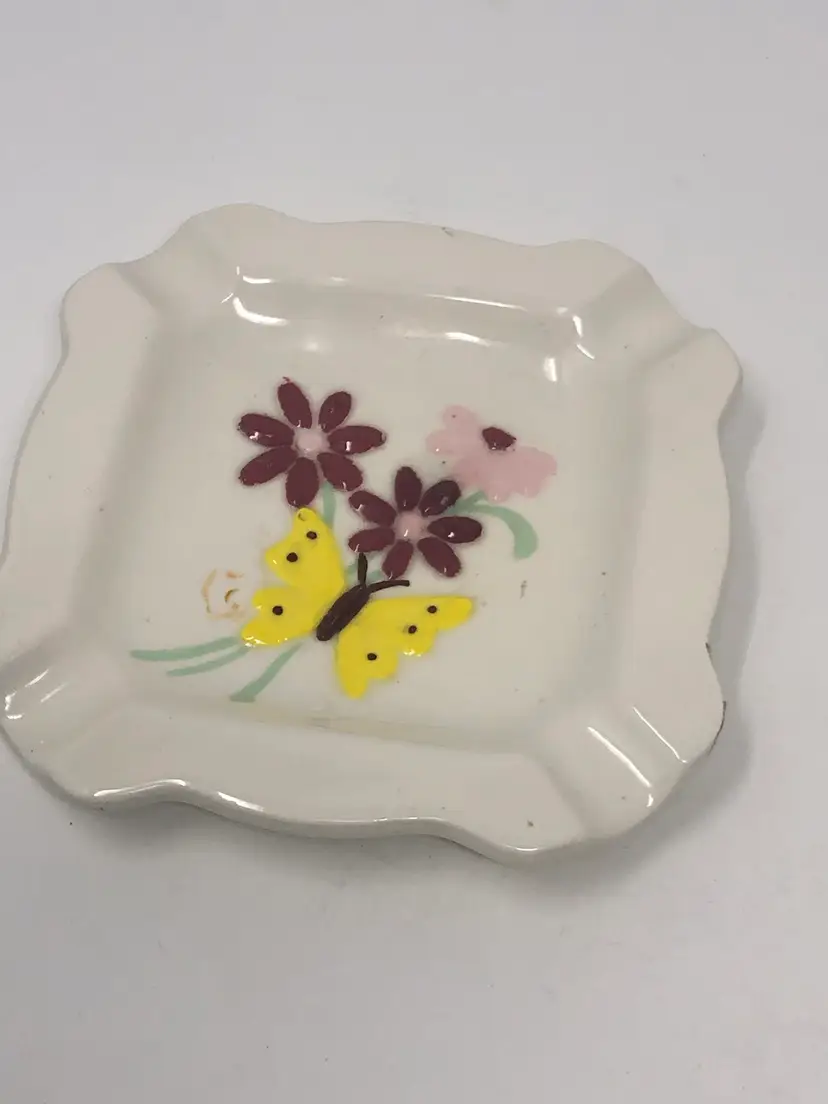 Handmade Pottery Ashtray/Dish with Butterfly and Flowers Read Description