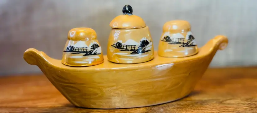 Condiment Set Salt Pepper Mustard Jar Lusterware Japan Vtg Boat Landscape