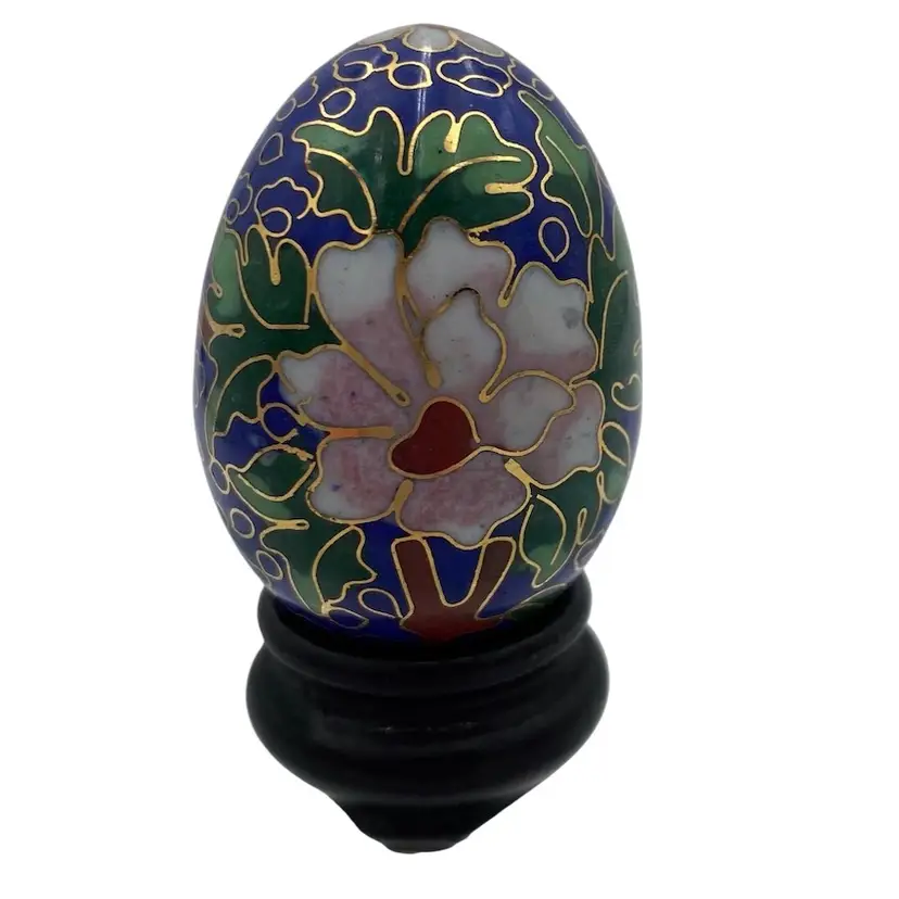 Vtg. Japanese Hand-Painted Small Porcelain Egg, Pink Lotus on Navy, w/wood stand