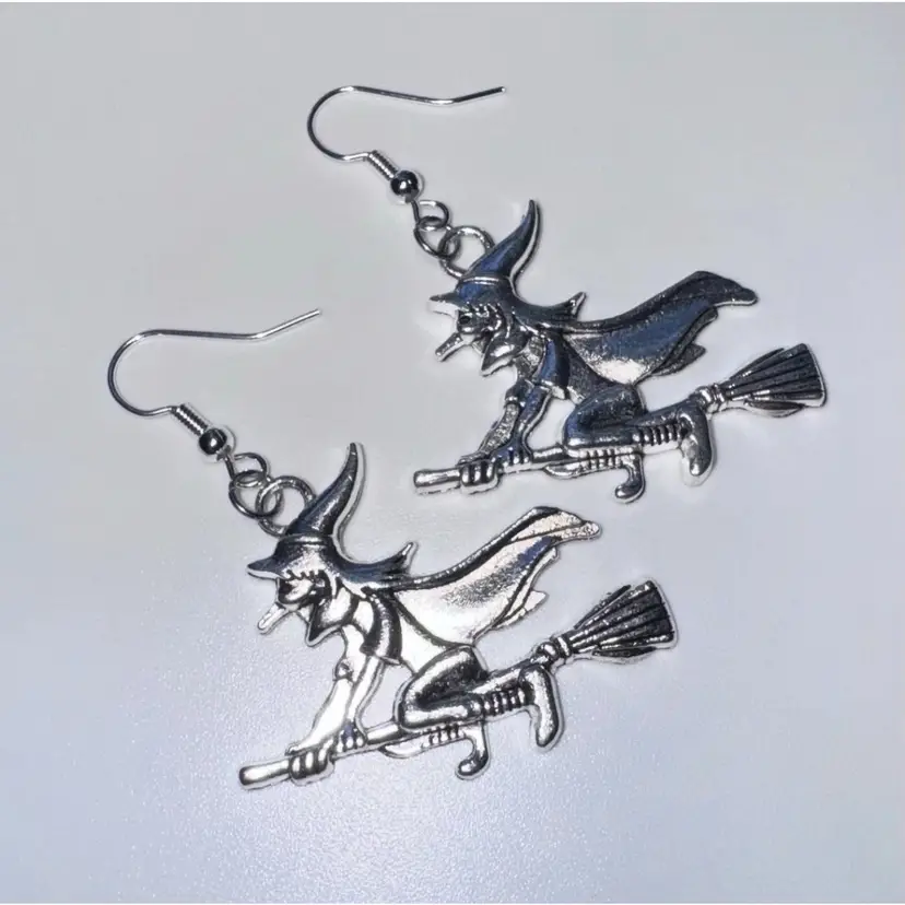 Witch On Broom Halloween Charm Handmade Dangle/Fishhook Earrings
