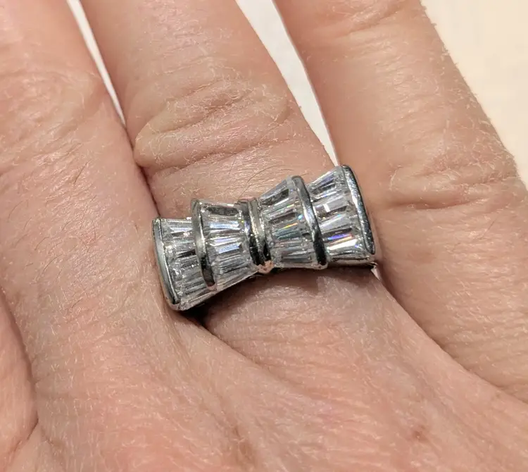 Vintage Art Deco Style Sterling Silver Ring with Clear Baguettes, Size 7