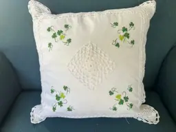 Vintage Shamrock Embroidered Crocheted Pillow Cover/Sham, four leaf pillow cover