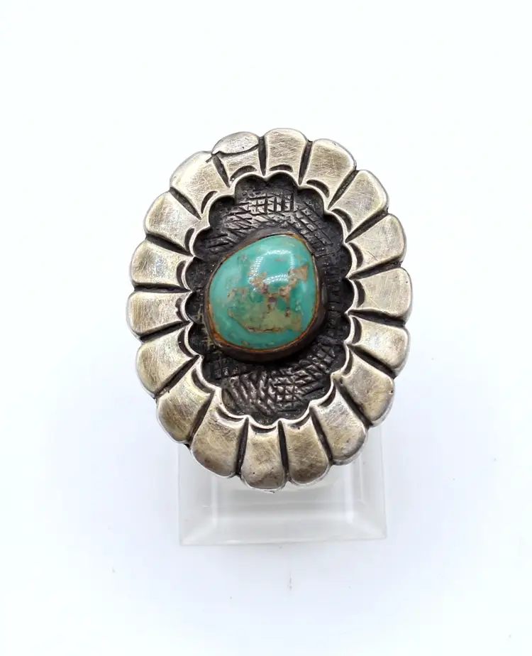 Native American sterling silver turquoise flower size 12.5 ring 28.80g