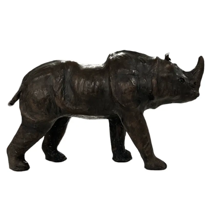 Mid Century Dark Brown Leather Wrapped Rhino Figurine Statue