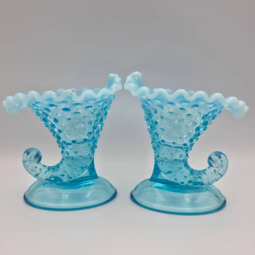 Fenton Cornucopia Candleholders Hobnail Blue Opalescent Pair