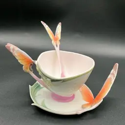 #14 Signed Franz Collection Papillon Monarch Butterfly Porcelain Teacup Saucer & Spoon Set 6” 🦋