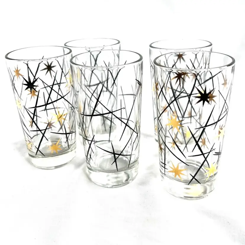 Golden Stars and Black “Comet” Tails Atomic Starburst Galaxy Glasses. Set of 5 And 5” tall Celestial Fabulous!