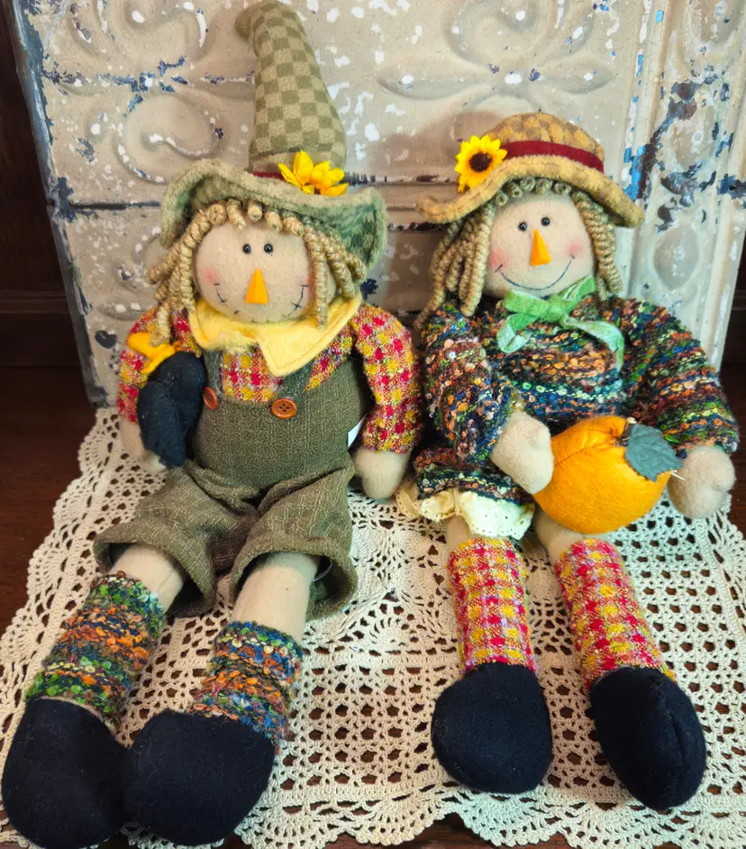 Adorable Pair of Autumn Girl & Boy w/ Curly Hair Holding a Pumpkin Shelf Sitters