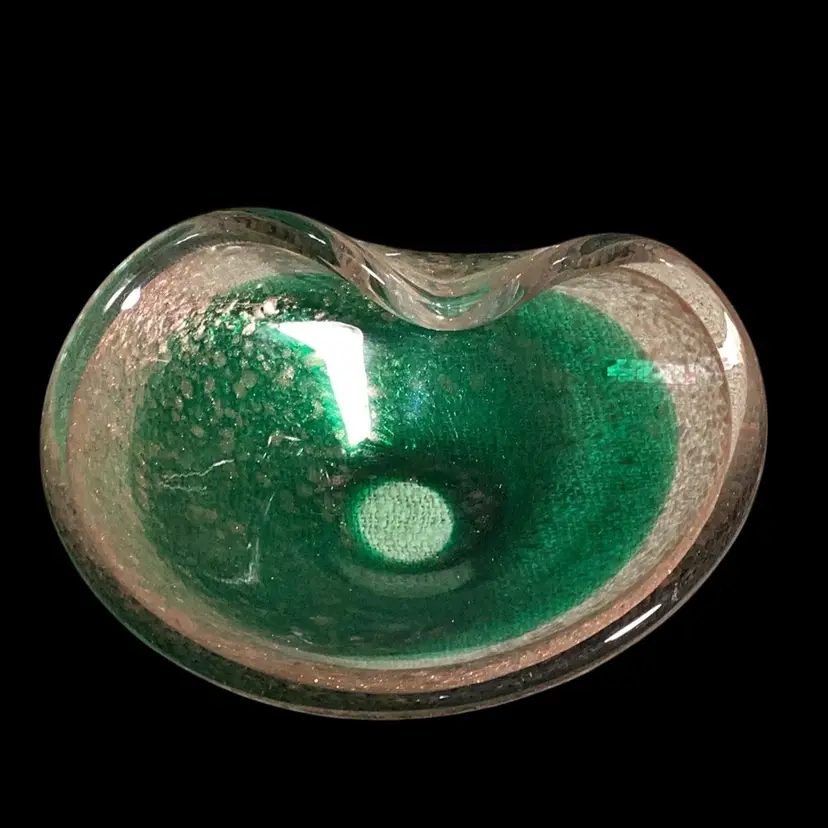 Murano Heavy Green Clear And Gold Bowl 9.5x7.5”*read Description *