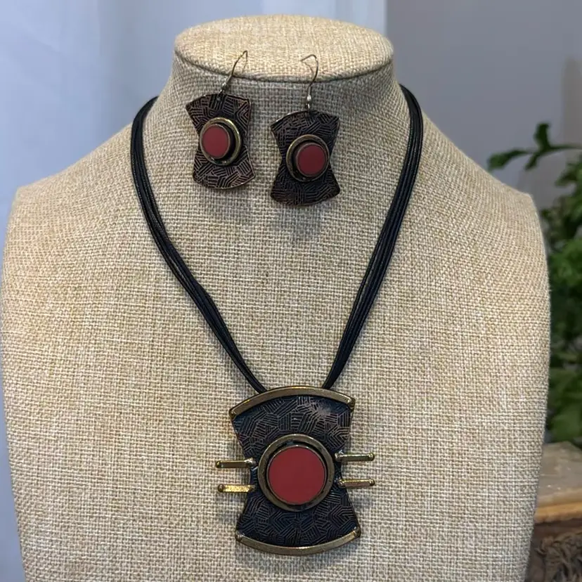 Copper And Enamel Necklace And Earrings Set