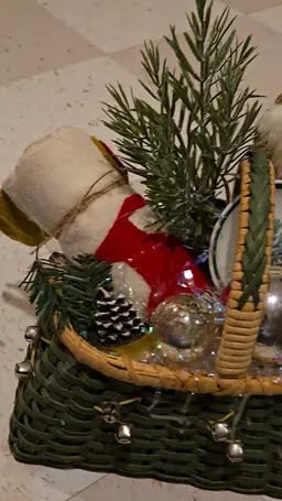 Vintage Rustic Christmas Gift Basket w/tree-push puppet-trinket dish-runner-more