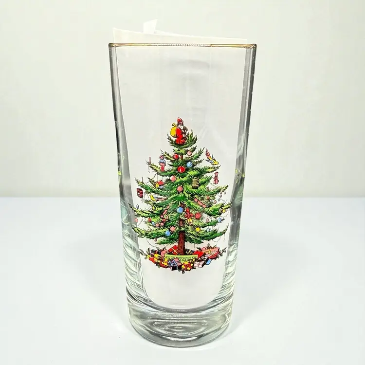 Spode Christmas Tree - 6” Highball Tumbler Drinking Glass Vintage Gold Trim