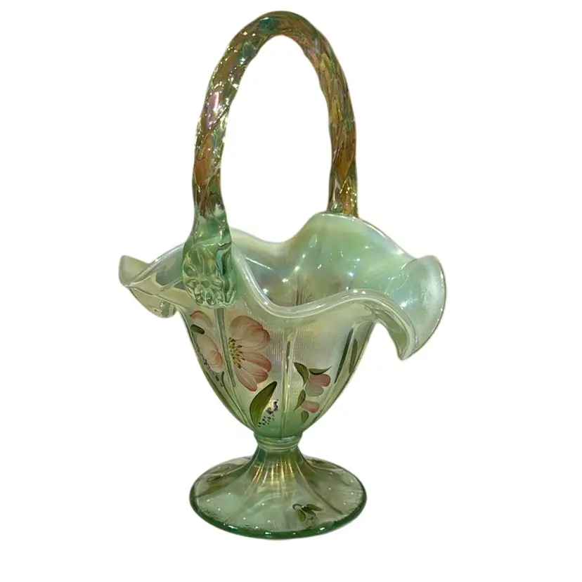 Fenton Opalescent Irridescent Green Wavy Ruffled Rim Floral Handpainted & Signed Glass Basket