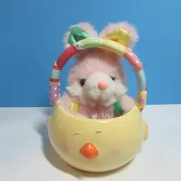 Blossoms and Bloom yellow chick Easter ceramic basket with vintage pink bunny stuffed animal