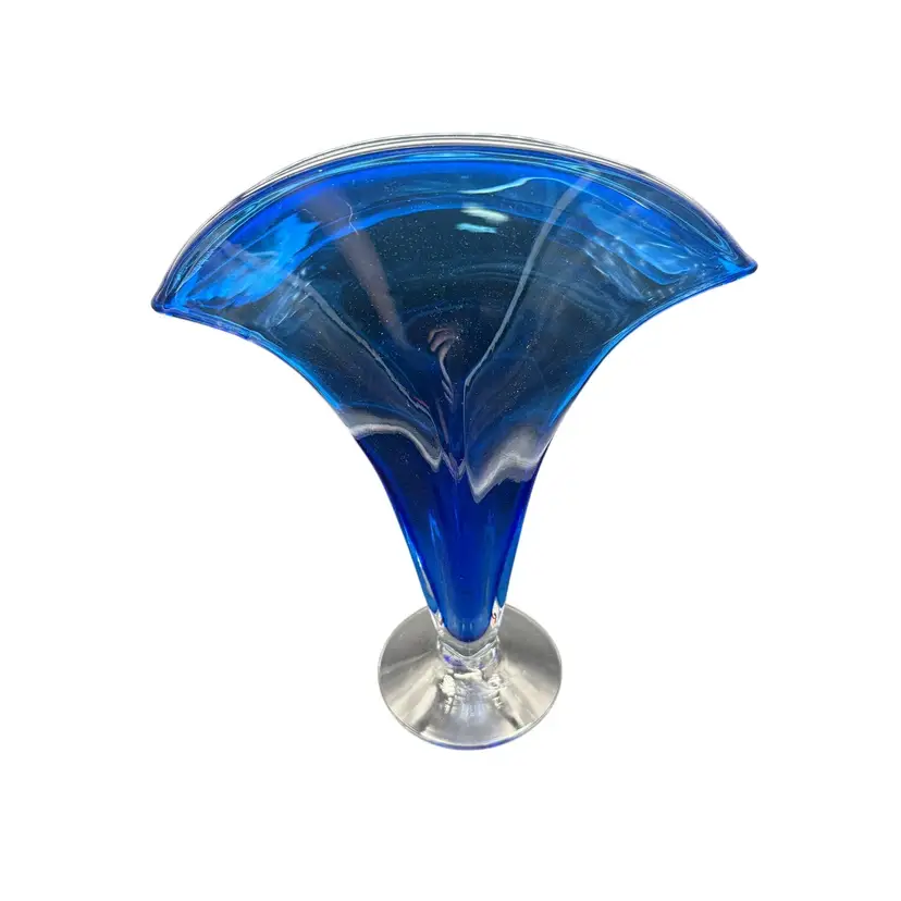 Blenko Blue & Clear Fan Vase Approx 12"