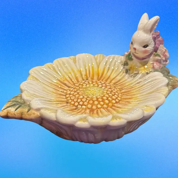 Ceramic Bunny On Flower Candy Dish