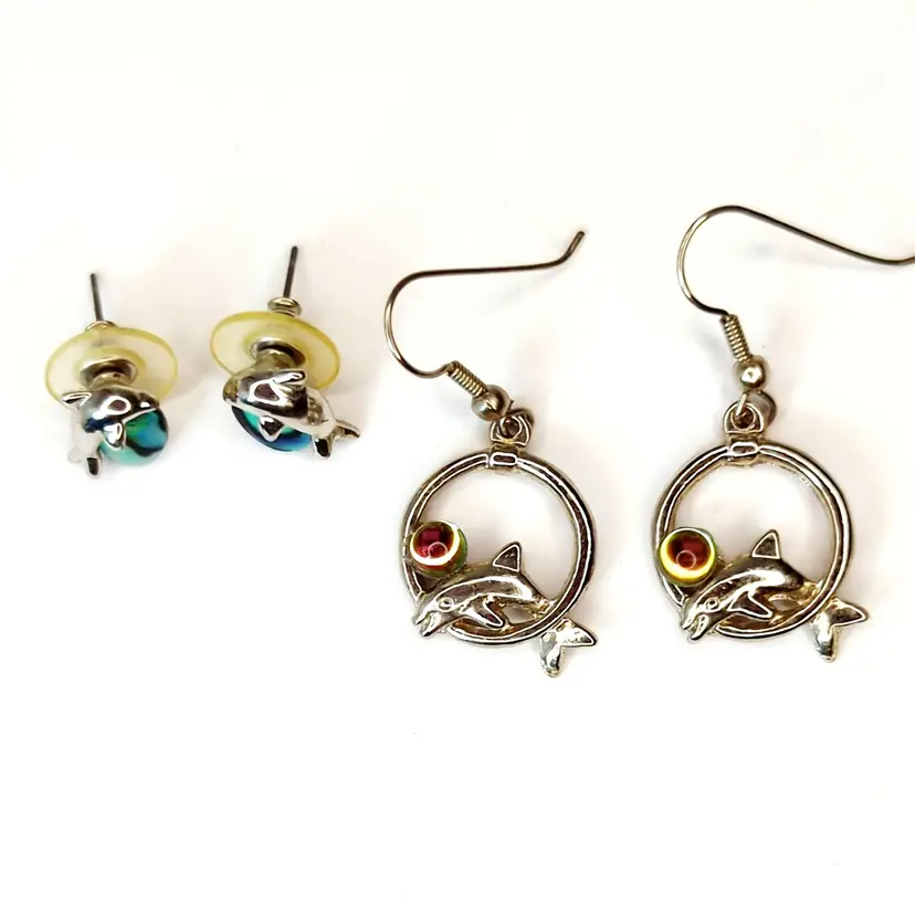 Sterling Silver-Tone Dolphin Earrings Set With Abalone Rainbow Stone Accents
