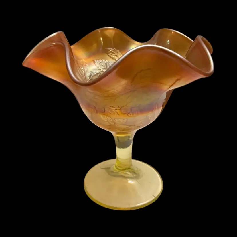 Fenton Vaseline/Topaz Marigold Carnival Glass Peacock And Urn Compote 5.5” x 5.5” - GLOWS