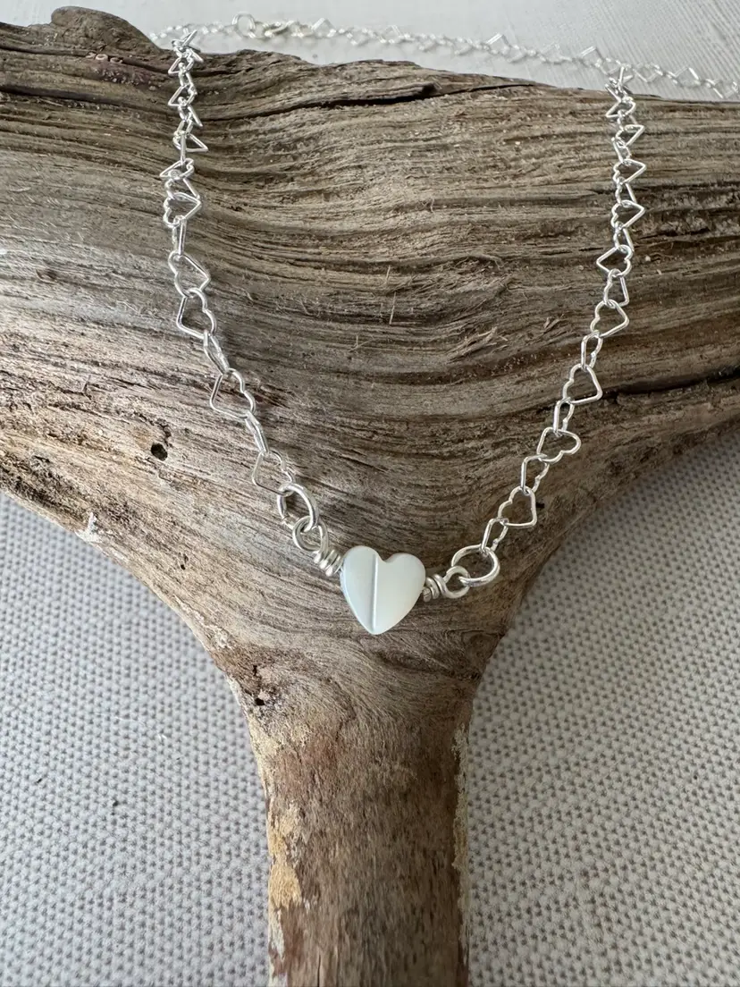 Delicate Heart Chain  With Wire Wrapped Mother Of Pearl Pendant Necklace #82