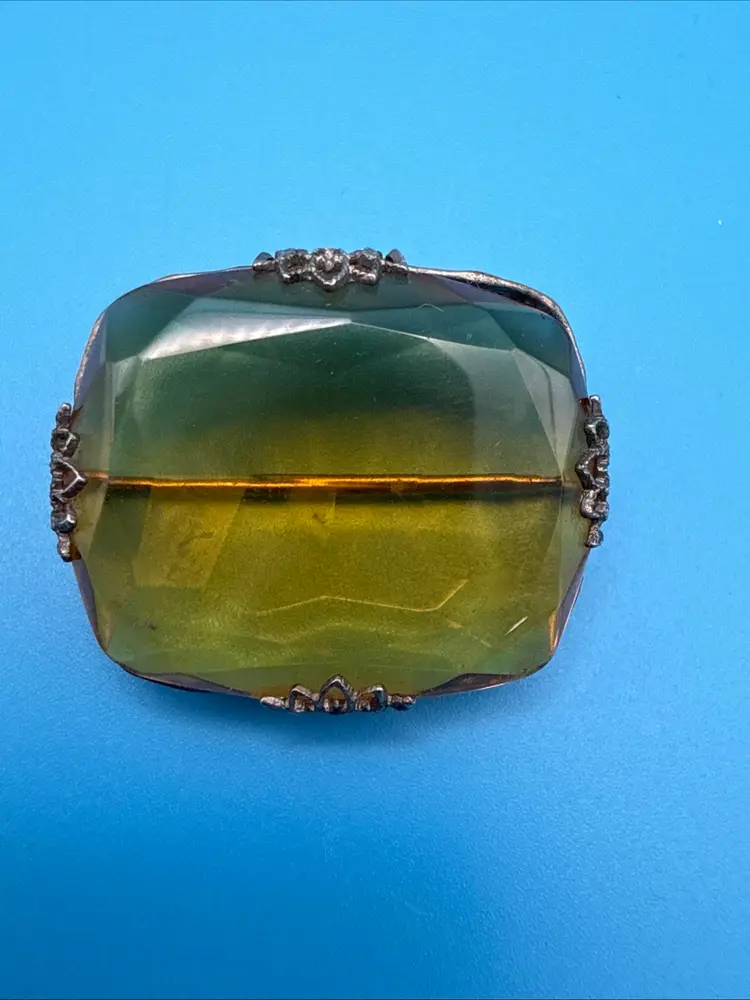 Vintage Czechoslovakian Amber Glass Faceted Silver Brooch