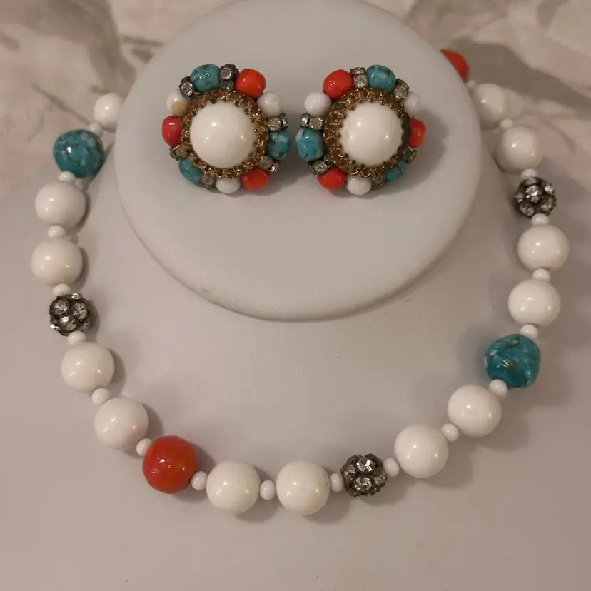Midcentury White, Turquoise, Coral Colored Beaded Necklace With Matching Clip On Earrings. 15 Inch Adjustable Length Necklace With Shepherds Hook Closure