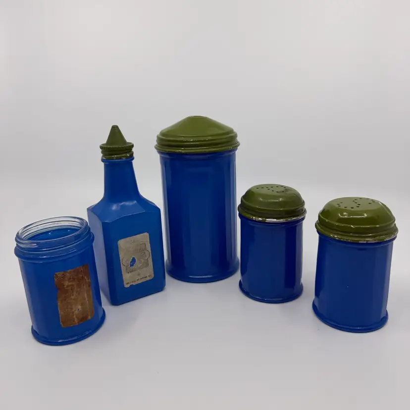 Vintage Gemco Retro Blue Glass Ribbed Panel Green Metal Condiment Container Set