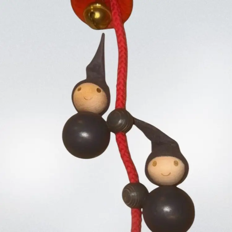 VTG Finnish Aarikka Tonttus Wooden Christmas Elves & Bell Hanging Decor 13.5”