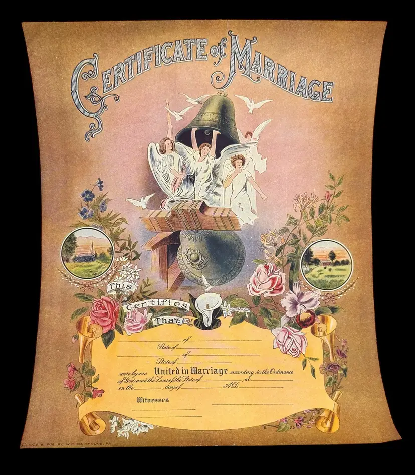 Antique Unused Blank Marriage Certificate Print WC Co Tyrone PA 1925 9” x 11”