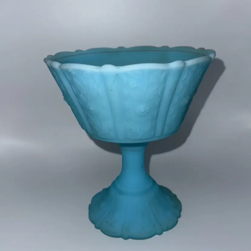Fenton Floral Blue Satin Glass Pedestal Compote