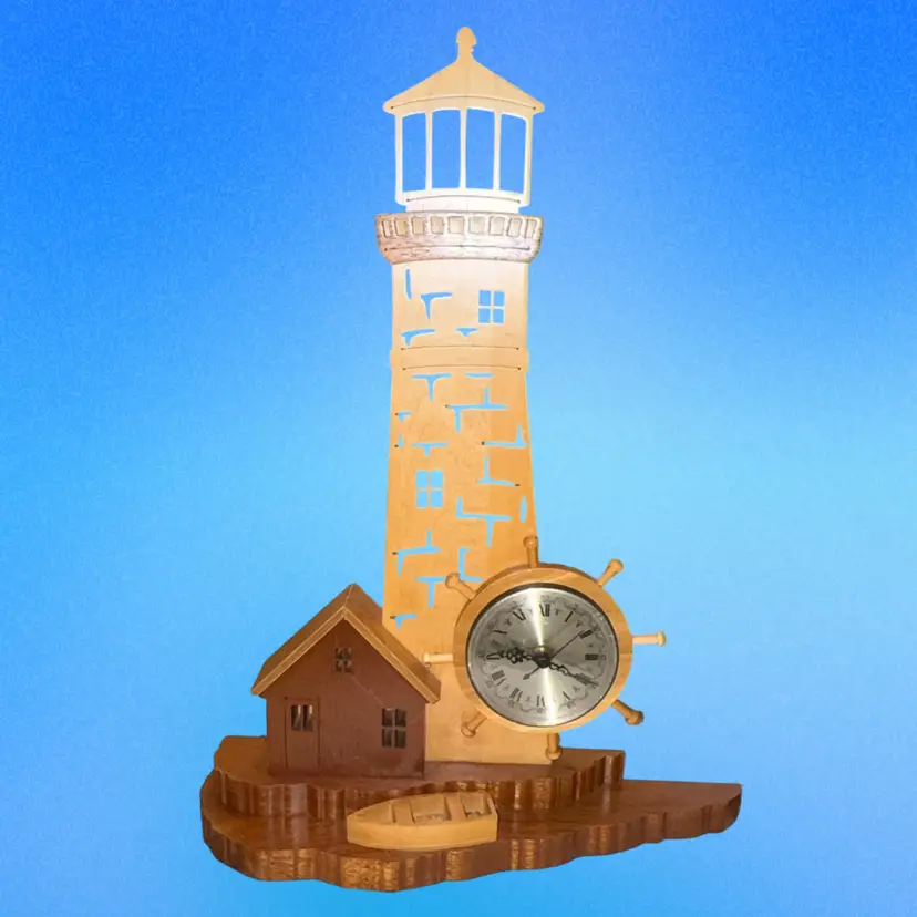 Vintage Wood Carved Lighthouse Clock Ship Wheel Nautical Coastal