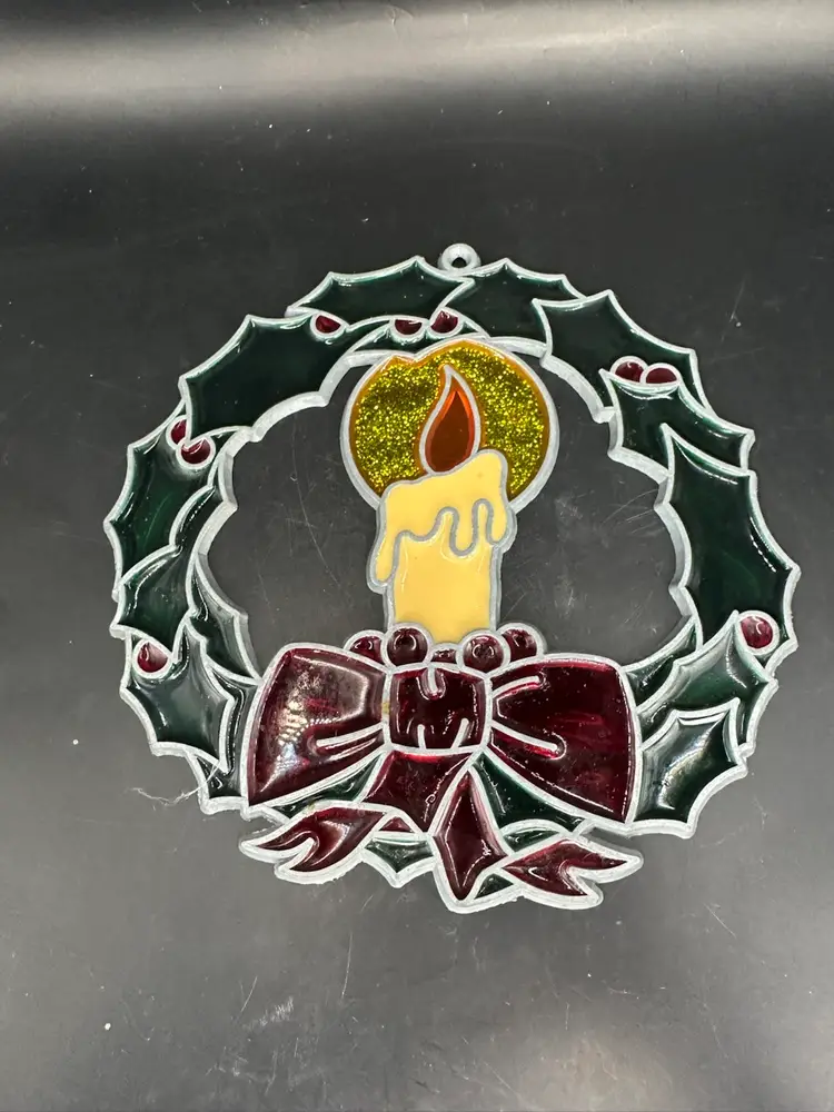 Vintage Christmas Holiday Wreath & Candle Stained Glass Suncatcher Ornament 7”