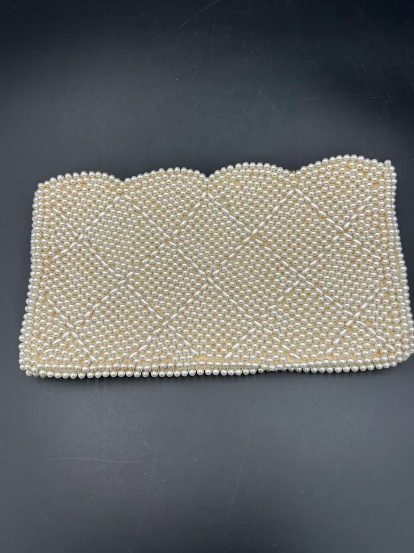 Vintage Heavily Beaded Pearl Bead Zip Clutch Purse Evening Wedding Formal Evening Bag