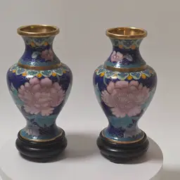 Vintage Cloisonne Vase On Stand Set Of 2 Blue Pink Copper