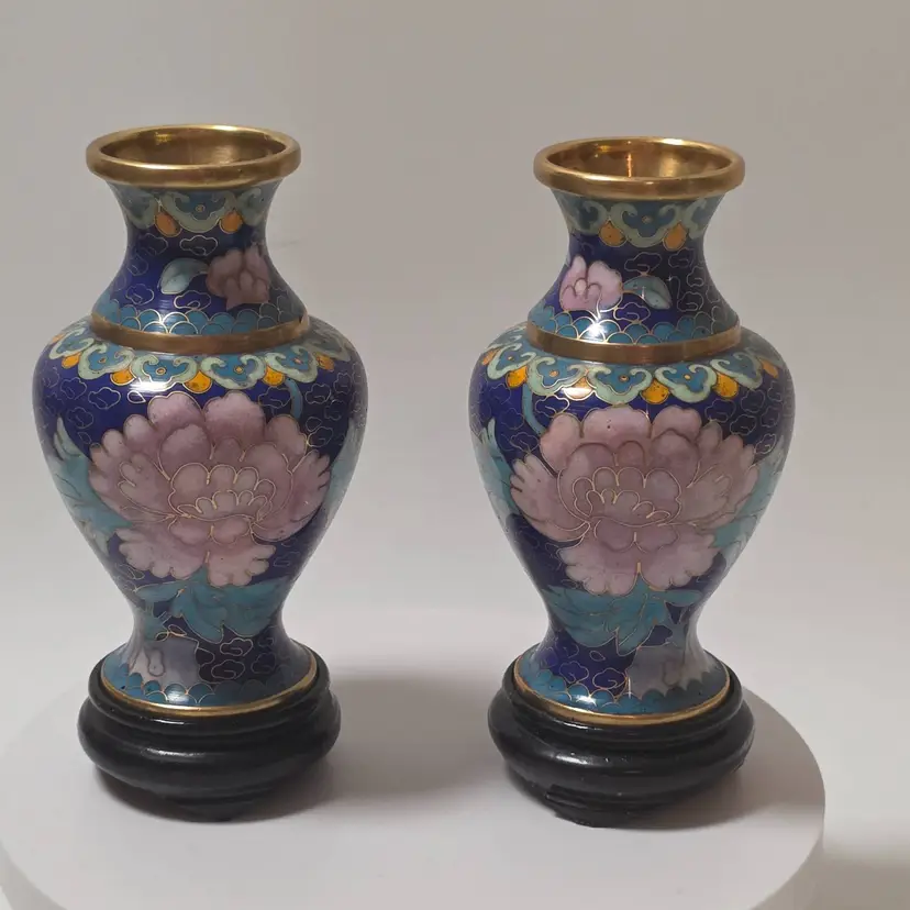 Vintage Cloisonne Vase On Stand Set Of 2 Blue Pink Copper