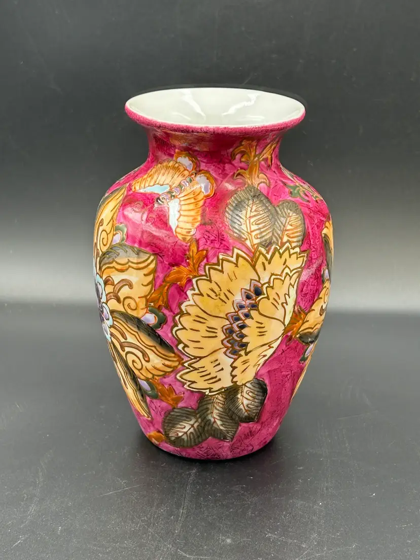 Vintage Chinese Hand Painted Vase Flowers & Butterflies With Gold Accents
