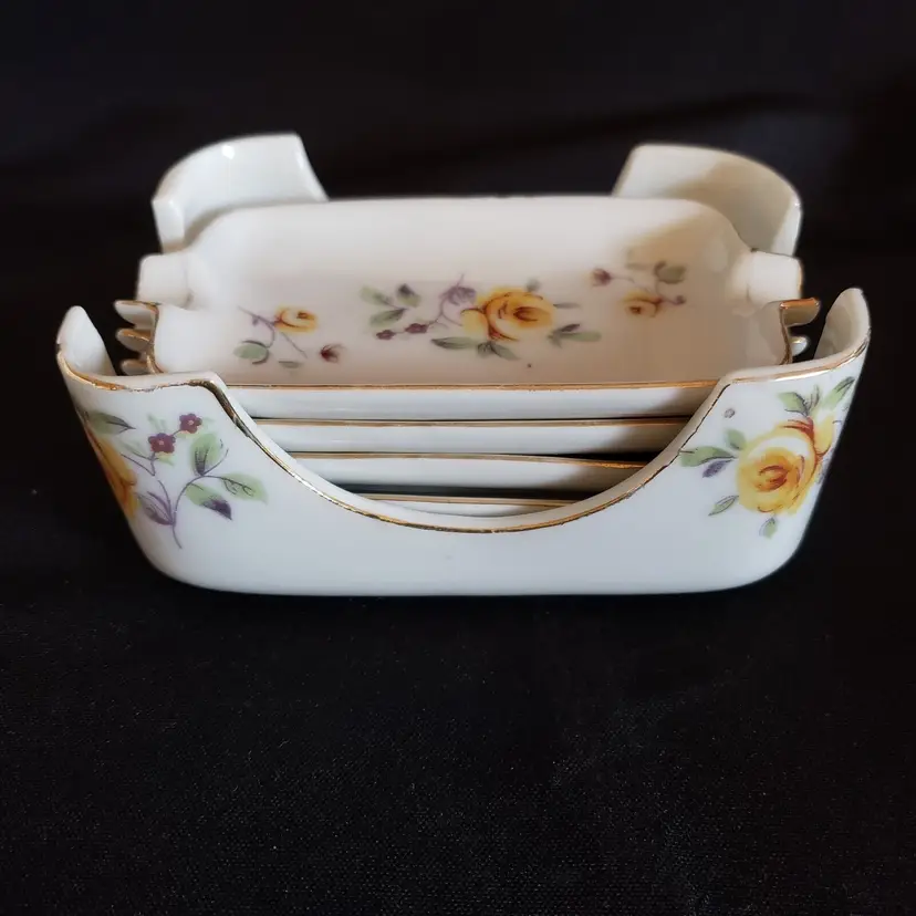 Floral Stacking Ashtray Set of 4 & Holder Porcelain Fred Roberts Co Japan Vintage