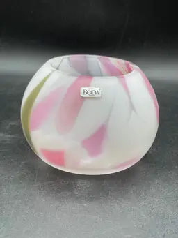 Kosta Boda pink white splatter votive rose bowl