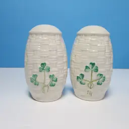 vintage Belleek basket weave shamrock clover Salt and Pepper Shakers made in Ireland 2000