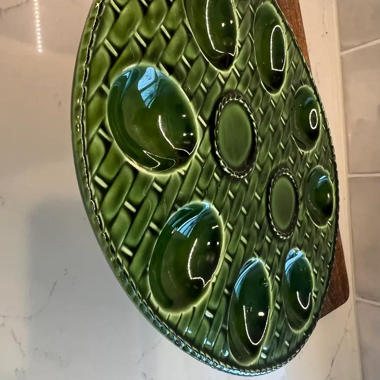 Vintage Green Basketweave ceramic serving platter for deviled eggs