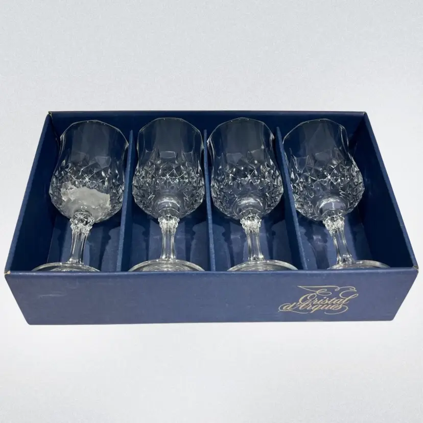 Vintage -LONGCHAMP -Set 4 Cristal D'Arques - 24% Lead Crystal -Wine/ Cordial Glasses 1.5 oz - With Sticker- In Original Box- 4.5” Tall