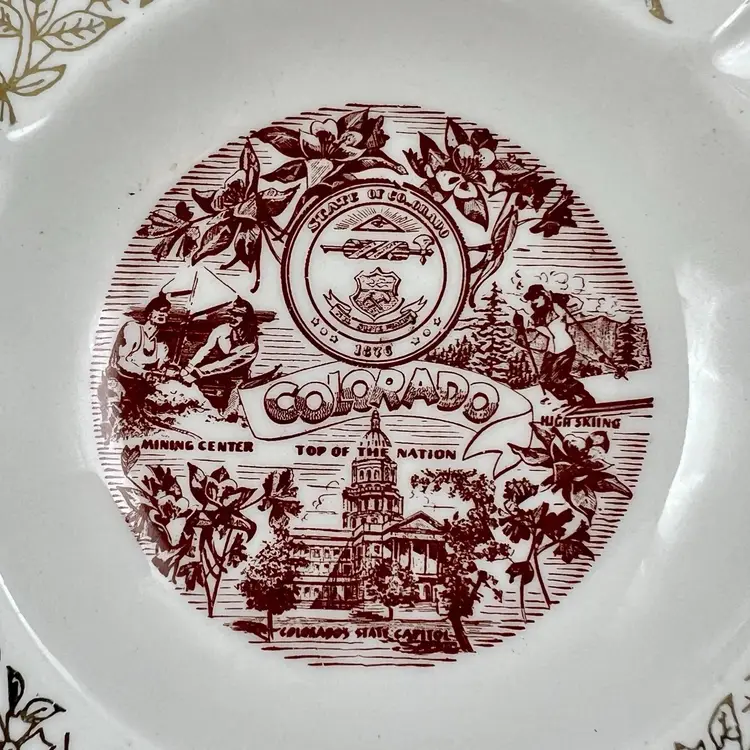 State Of Colorado Ceramic 3 Slot Ashtray 4.5" Souvenir Landmarks Skiing Mining