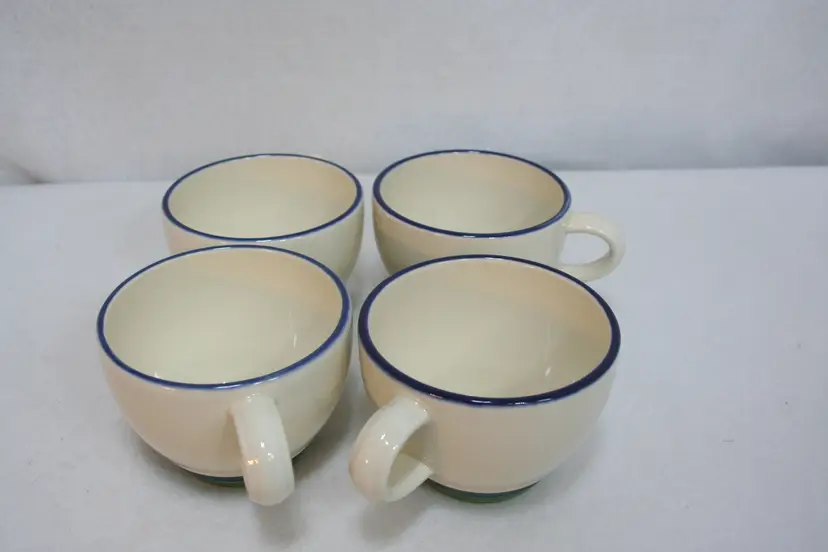 Pfaltzgraff Ocean Breeze Green Blue Rim Bands 8 oz Coffee Tea Mug Cup Set of 4