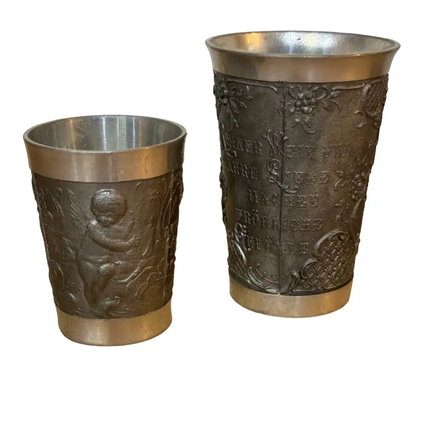Set Of German Pewter Cups/Shot Glasses“Pure wine and True love makes happy feelings”