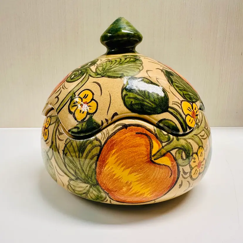 Vintage Mexican Folk Art Pottery Fruit and Flowers Lidded Bowl Jar Mexico