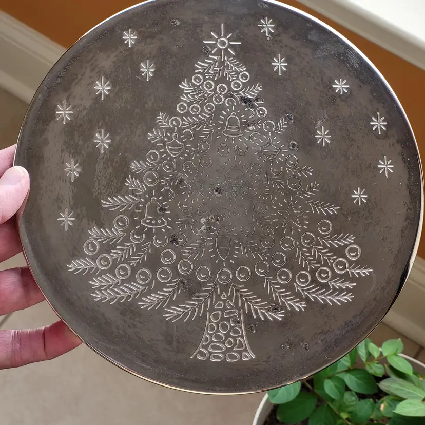 VTG Christmas Tree Etched Silver Plated Round Serving Trivet (Set of 4) 8" Diameter