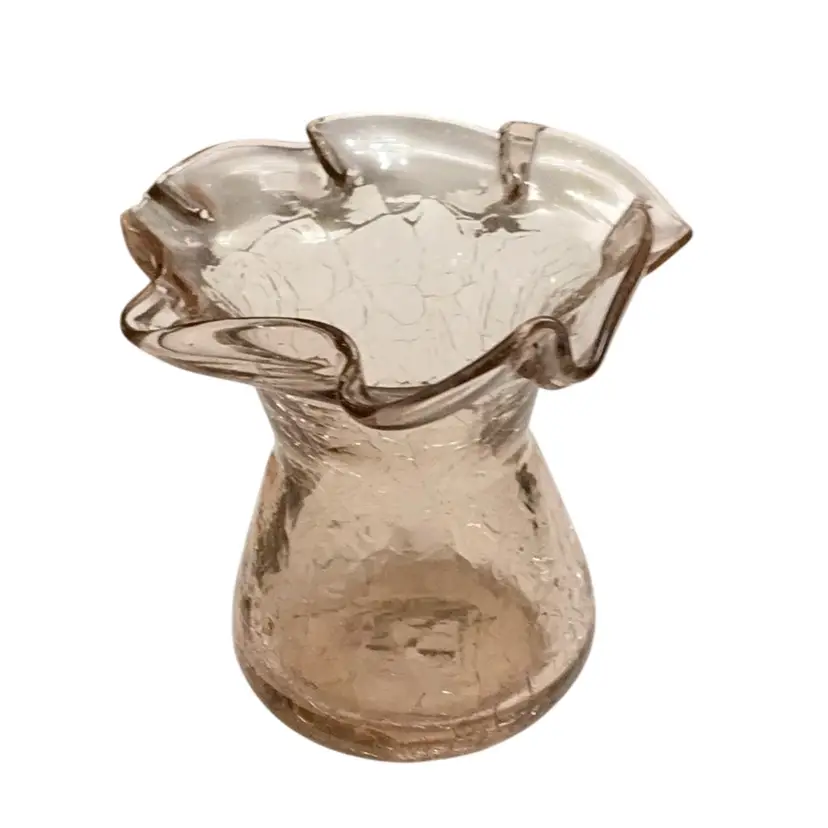 Vintage HB Pink Crackle Glass With Ruffled Top Bud Vase 4 1/2β X 4β