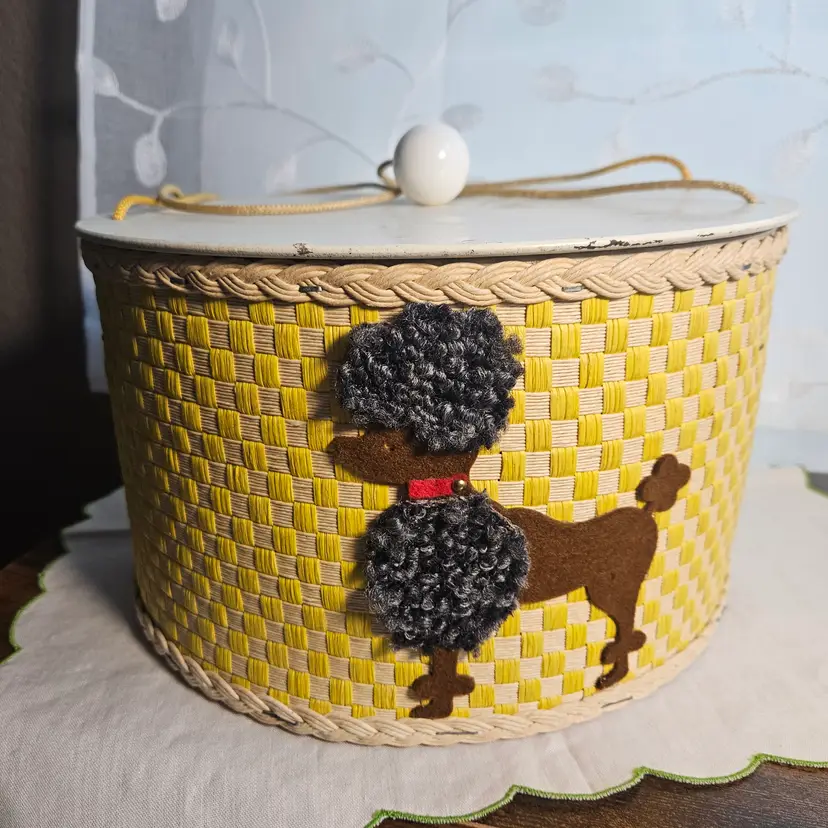 Vintage Sewing Box Black Poodle Mid-Century 1950s Round Yellow