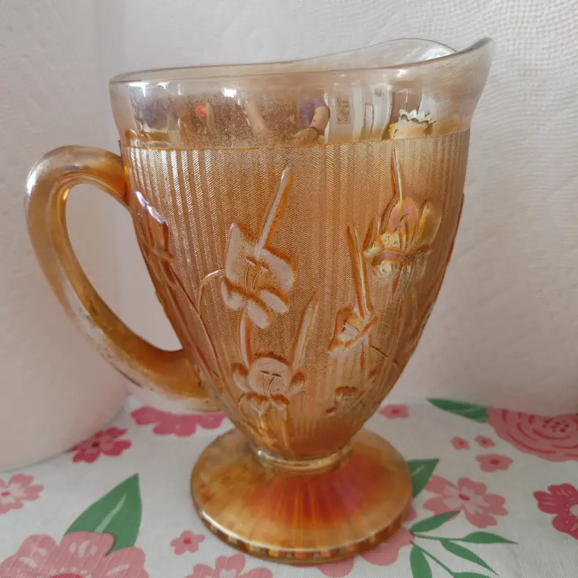 Jeannette Carnival glass pitcher. Iris & Herringbone pattern. 8.5 in high. Heavy!