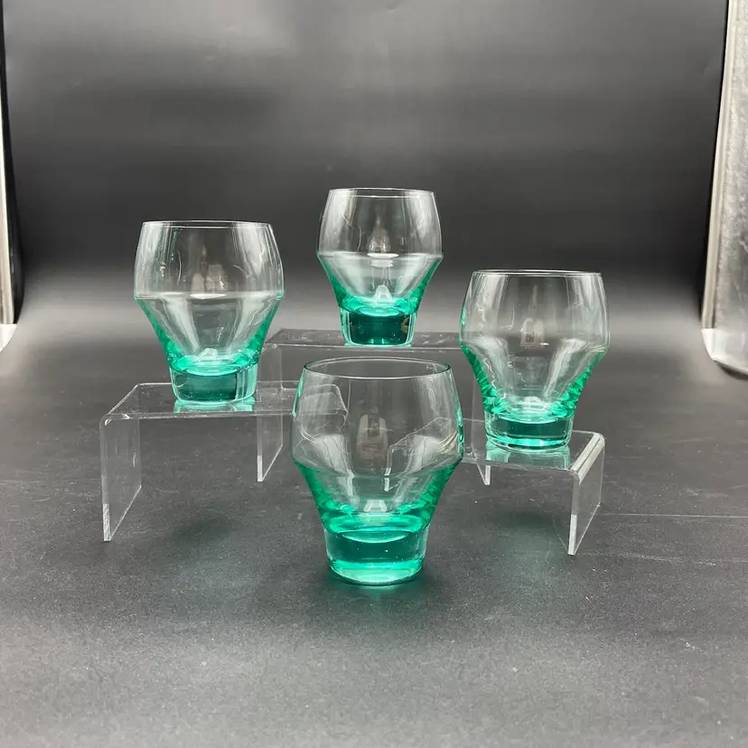 Sasaki Harmoney Aqua 4fl Oz Flat Tumblers Juice Glasses MCM Japanese Set of 4